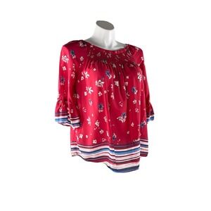 Beachlunchlounge Size M Blue Red Floral‎ Smocked Neck Bell Sleeve Blouse Top